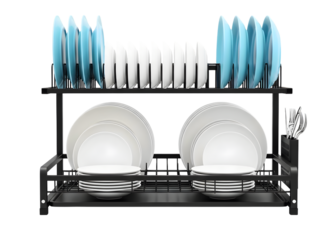 Twotier black metal dish drying rack with plates and bowls isolated on transparent background