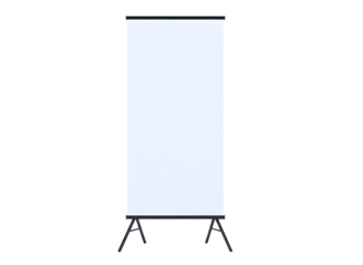 Blank white rollup banner stand with tripod legs isolated on transparent background