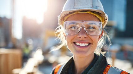 Cheerful woman wearing hard hat and safety glasses on a construction site, exemplifying safety and professionalism.