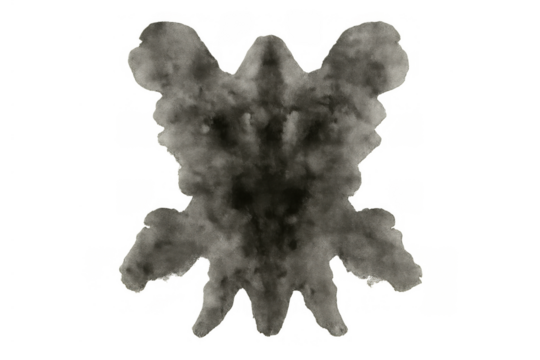 Gray inkblot creating a symmetrical, abstract shape against a transparent background, representing a psychological assessment