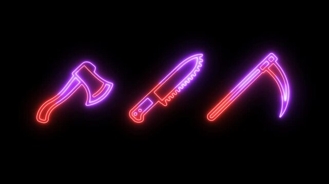 Neon purple-red, illuminated icons of a axe, knife, and scythe, float centered against a black backdrop, evokes danger and horror animation visuals.