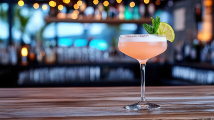 Peach cocktail with lime and mint garnish on bar counter, warm upscale nightlife ambiance
