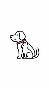 White Dog and Cat Friends Together in Simple Line Art