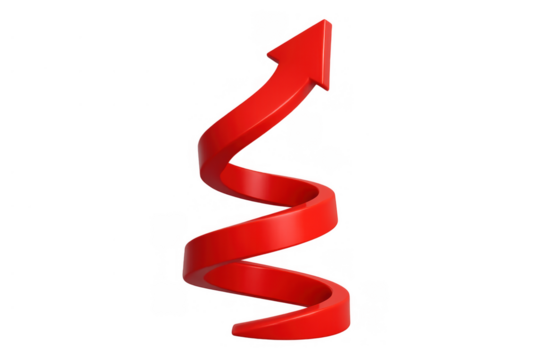 Red spiral arrow moving up, symbolizing business growth, economic recovery, success, and positive progress