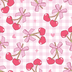 Cherry Bows Seamless Pattern, Valentine Heart Cherry Digital Paper,Trendy Pink Cherries Fabric Design Vector