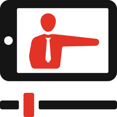 Digital Presentation On Tablet Screen With Red Icon Of A Man In A Suit And Tie Pointing To The Side With Playback Controls Below On A Transparent Background