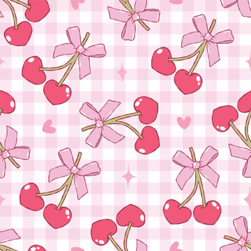 Cherry Bows Seamless Pattern, Valentine Heart Cherry Digital Paper,Trendy Pink Cherries Fabric Design Vector