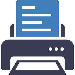Digital printer device icon with blue paper output and dark navy blue casing with clean lines and minimalist design on a transparent background
