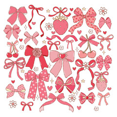 Coquette Bows Collection Vector, Hand Drawn Ribbon Bows Doodle, Trendy Preppy Girly Bows Hand Drawn Design Vector