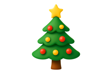 Cute cartoon christmas tree with star and ornaments on black background