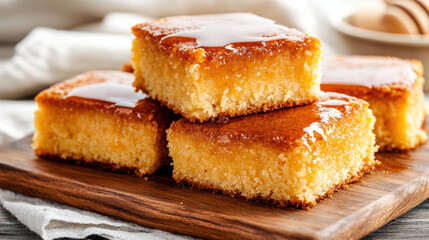 Golden cornbread square with melting butter and honey drizzle, warm comforting homemade dessert