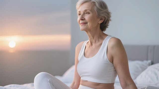 Caucasian Senior Woman Smiling in Morning Sunlight on Bed