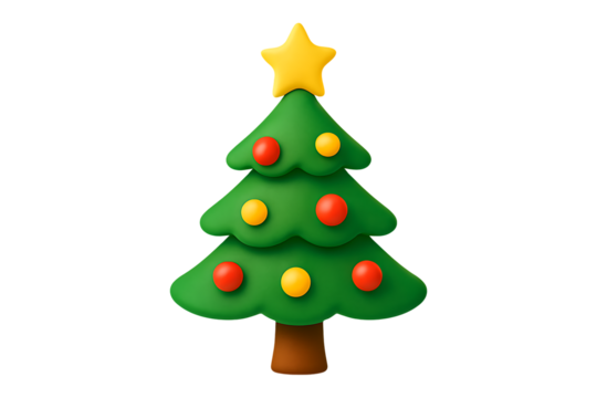 Cute cartoon christmas tree with star and ornaments on black background