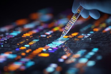 The intersection of technology and genetics: studies in shadowy labs. Technology progress. Dim room, large dna displays: experts review advanced genetic research. Ai evolution. Machine learning.