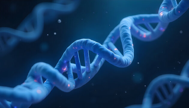 A detailed 3D illustration of a DNA double helix structure, representing genetics, molecular biology, and biotechnology. Blue glowing DNA strand showing molecular bonds in a scientific and futuristic. - Powered by Adobe