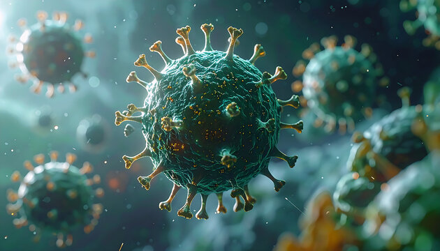A highly detailed 3D microscopic illustration of a virus particle showing surface spikes and cellular texture. Medical and scientific visualization depicting infection, microbiology, pathogens.