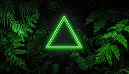 Neon triangle glows amidst lush, verdant tropical foliage