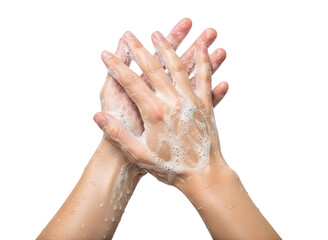 Closeup of hands washing with soap and water, isolated on transparent background
