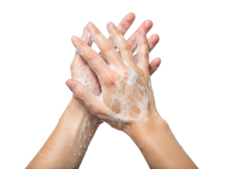 Closeup of hands washing with soap and water, isolated on transparent background