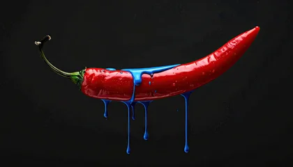 Canvas schilderij Hete pepers Red chili dripping vibrant blue paint on stark, dark ground  © muhrohan