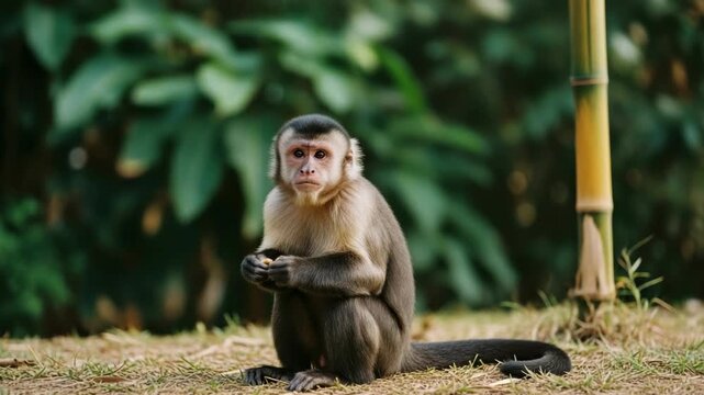A white-faced capuchin monkey sits patiently on the ground, holding a small piece of food in its delicate hands. This adorable primate is observed in its natural, vibrant, lush green habitat