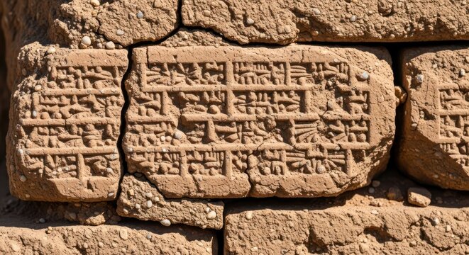 Ancient clay bricks inscribed with cuneiform script depicting a historical narrative and cultural