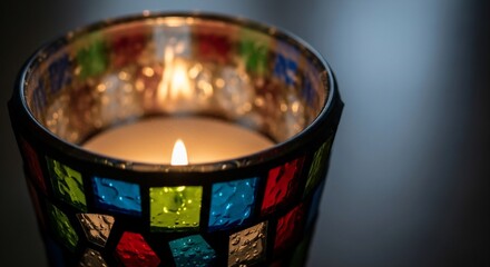 Close up of a lit candle in a colorful mosaic candle holder.