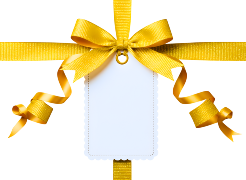 Golden ribbon and bow with blank gift tag isolated on transparent background