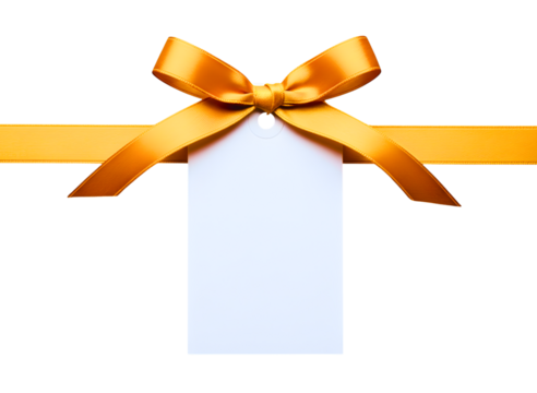 Golden ribbon with bow and blank tag isolated on transparent background - Powered by Adobe