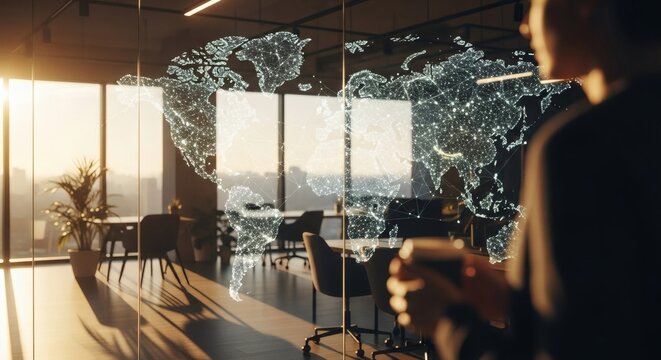 Global Network Visualization In Modern Office At Sunset Hour