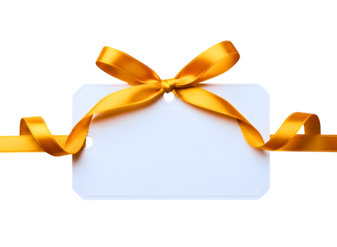 Blank gift tag with golden ribbon bow isolated on transparent background