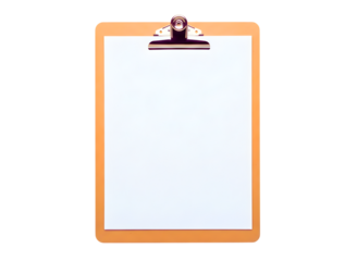 Orange clipboard with blank white paper isolated on transparent background