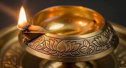 Close up of a traditional Indian brass oil lamp with a lit wick.