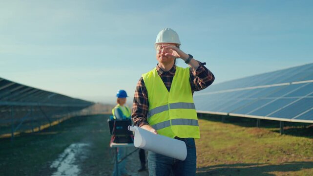 Workers review plans at a solar energy site in bright daylight in a rural area