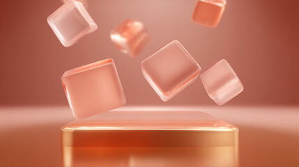 Abstract Cubes and Golden Stand: A collection of translucent, abstract cubes gently cascade onto a golden stand, set against a soft, subtle backdrop that suggests modernity and sophistication.