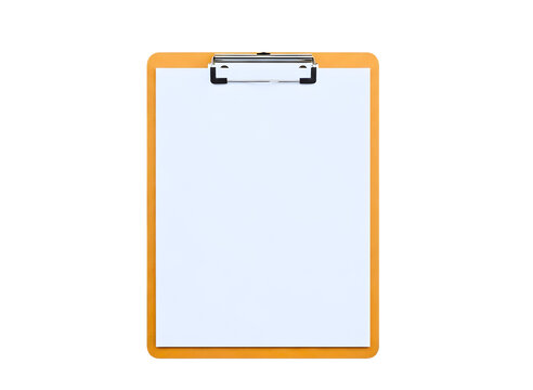 Orange clipboard with blank white paper isolated on transparent background