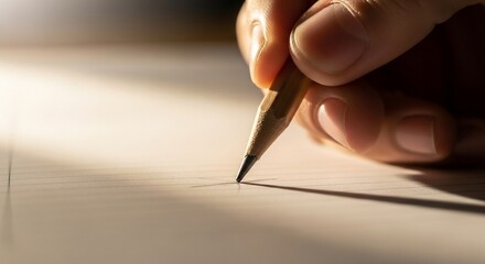 Close-up of a hand holding a pencil, writing or drawing on a piece of paper, with soft lighting.