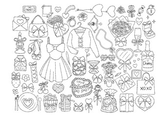 Coquette Valentine Collection Outline Vector, Hand Drawn Date Night Valentine Line Art Doodle, Trendy Preppy Girly Valentine Coloring Page Hand Drawn Design