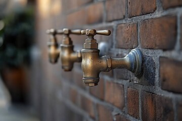Three aged brass water taps mounted on a weathered brick wall with shallow focus, evoking rustic nostalgia