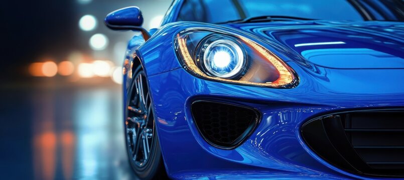 Close-up of glossy blue sports car front with illuminated headlight, visible alloy wheel and sleek aerodynamic curves set against blurred city lights, evoking speed and excitement
