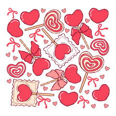 Valentine Heart Lollipop Collection Vector, Hand Drawn Valentines Day Candy Doodle, Trendy Coquette Heart Candy Design Vector