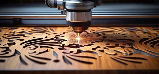 Close-up of a laser cutting an intricate floral design into a wooden panel, sparks and warm glow conveying precision and skilled craftsmanship