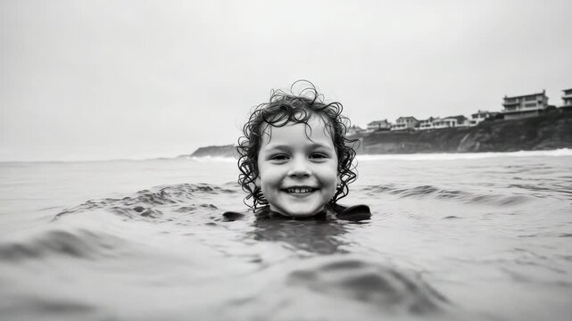 Happy young caucasian boy with curly hair splashes water in the ocean, captured in a dynamic split-level view. A joyful child enjoys the sea in a wetsuit