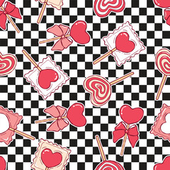 Valentine Heart Lollipop Seamless Pattern, Valentines Day Candy Digital Paper, Trendy Valentine Sweet Fabric Design Vector