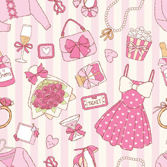 Valentines Date Night Seamless Pattern, Trendy Girly Valentine Digital Paper,Valentine Gift Fabric Design Vector