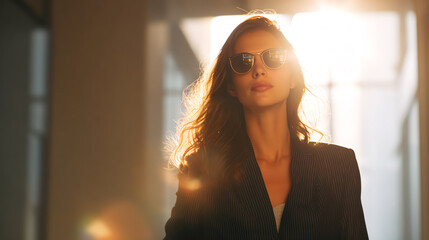 Confident woman in sunglasses standing by sunlit window, exuding style and grace in a modern environment.