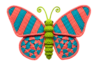 Crocheted butterfly with pink and turquoise stripes isolated on transparent background