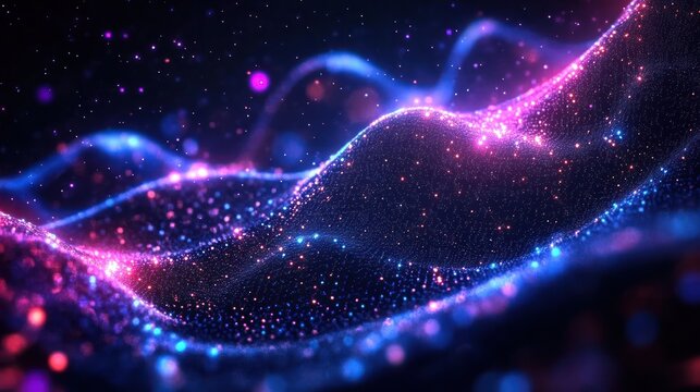 glowing neon particle waves forming an undulating luminous grid over a dark cosmic background, creating a dreamy futuristic and mesmerizing atmosphere