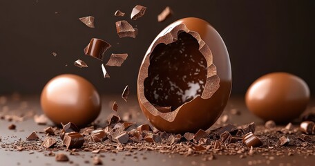 Cracked glossy chocolate egg with scattered shards and shavings beside two whole round chocolate eggs, evoking an indulgent, decadent and tempting mood