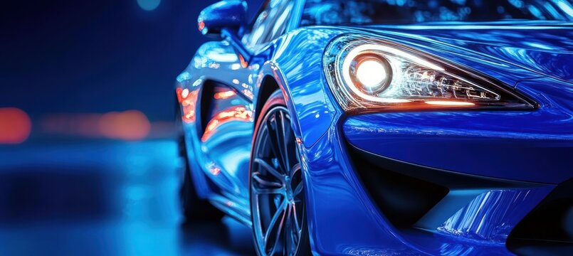 Close-up of a sleek blue sports car front quarter with illuminated headlight, alloy wheel, glossy neon city reflections and a sense of speed and excitement